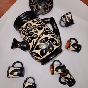 Handcrafted Black and Tan Floral Ceramic Pitcher Set